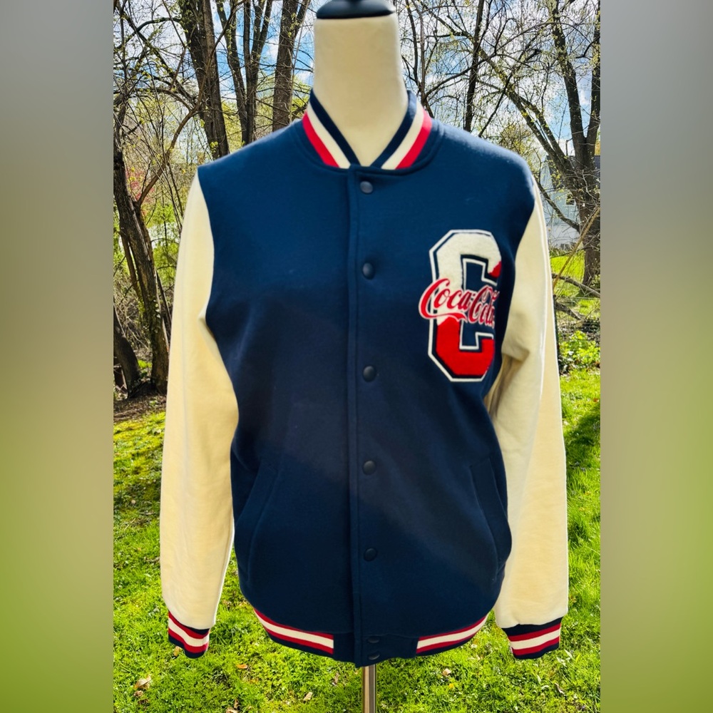 Coca-Cola Varsity Unisex Jacket Size Small Snap Closure/ Navy/Cream/Logo NWOT